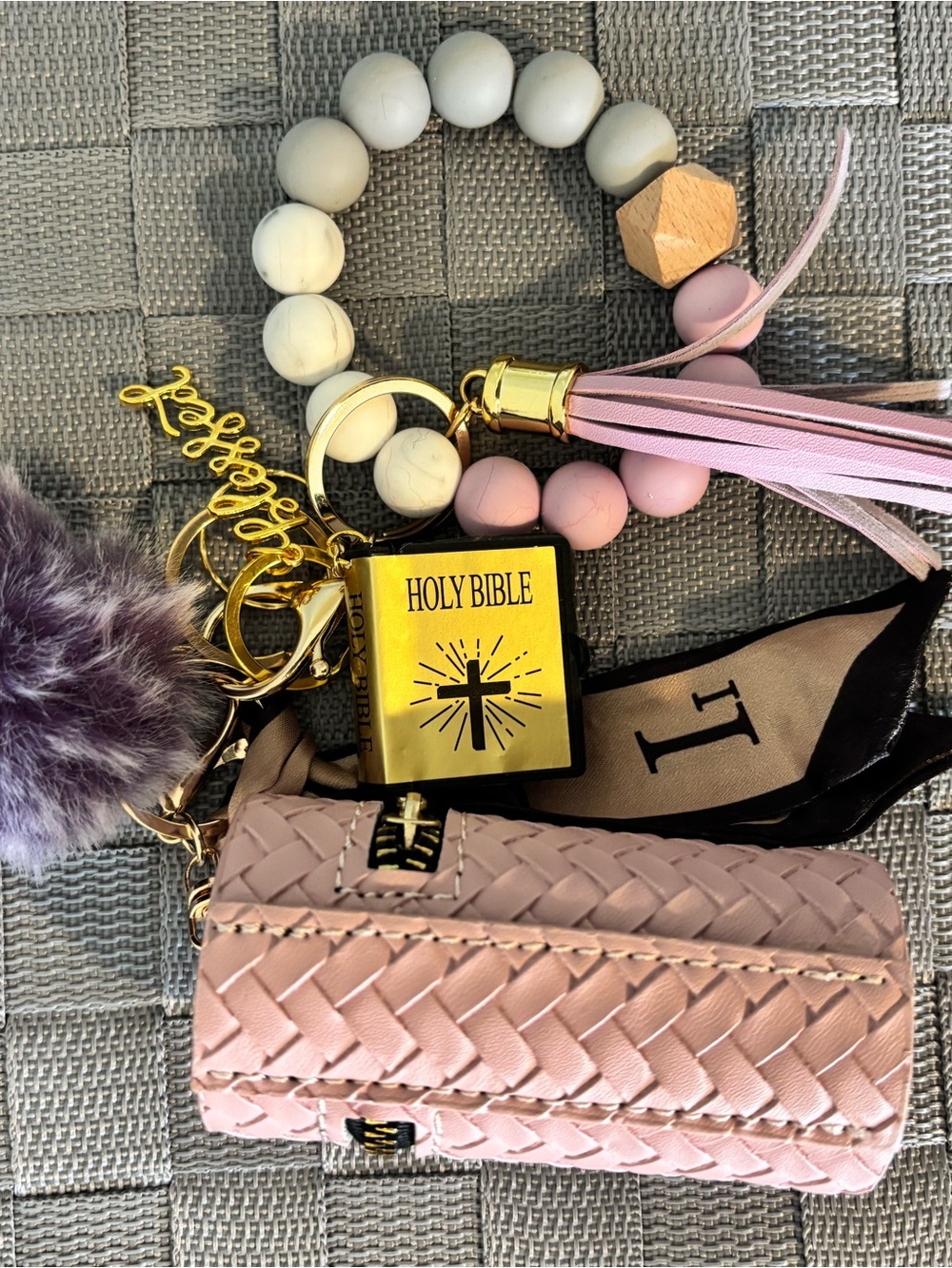 Purple Woven Keychain Wristlet with Tassel and Holy Bible Charm